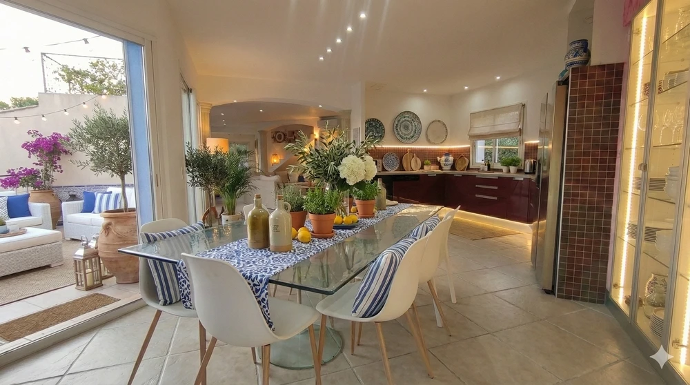 Cuisine dînatoire équipée haut de gamme ouverte sur la terrasse