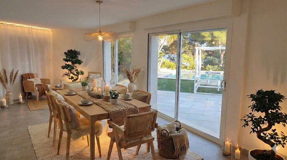 Espace repas en rez-de-jardin offrant une vue directe sur la piscine