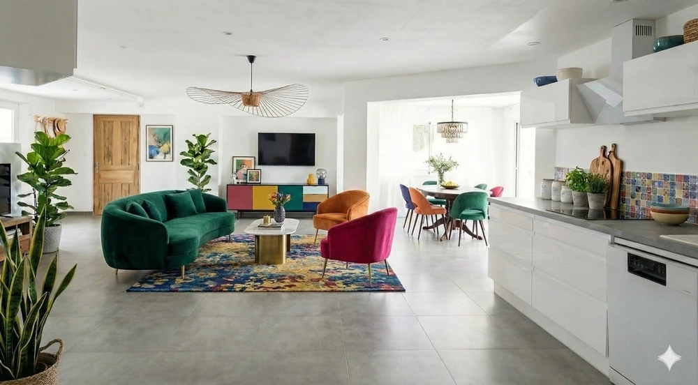 Espace salon d'été polyvalent en rez-de-jardin avec accès piscine