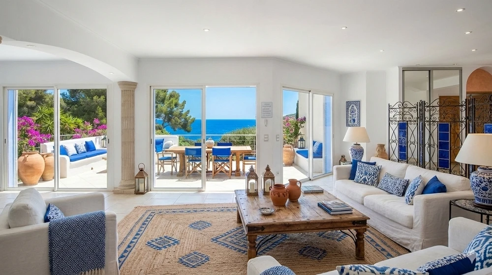 Vaste séjour lumineux de la villa avec vue mer et collines